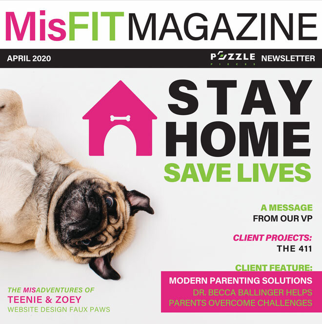 The April 2020 cover of MisFIT nonprofit marketing magazine, featuring an upside-down pug picture and the featured story "STAY HOME", referring to coronavirus.