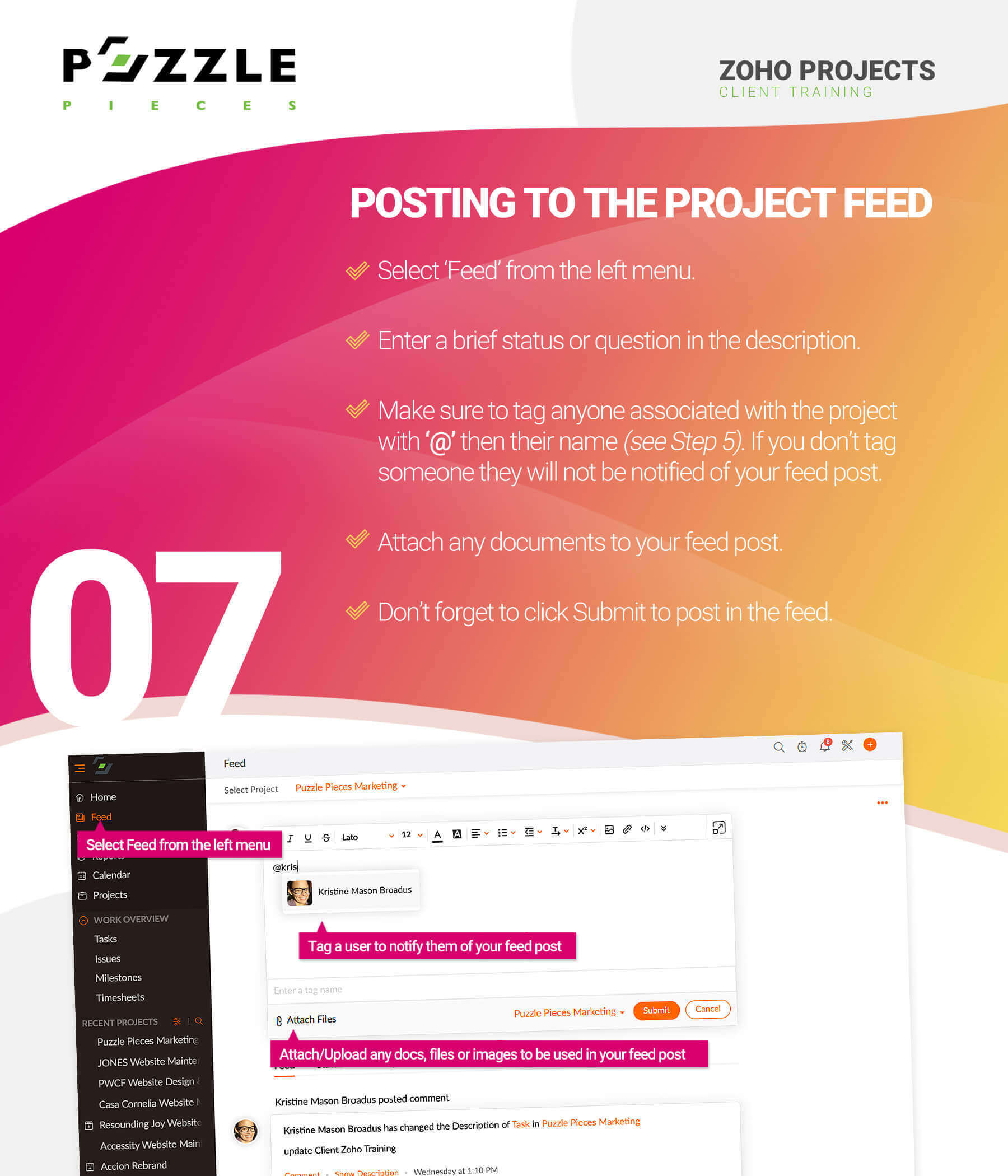 Zoho Projects tutorial designed by Puzzle Pieces Marketing how to post to feed