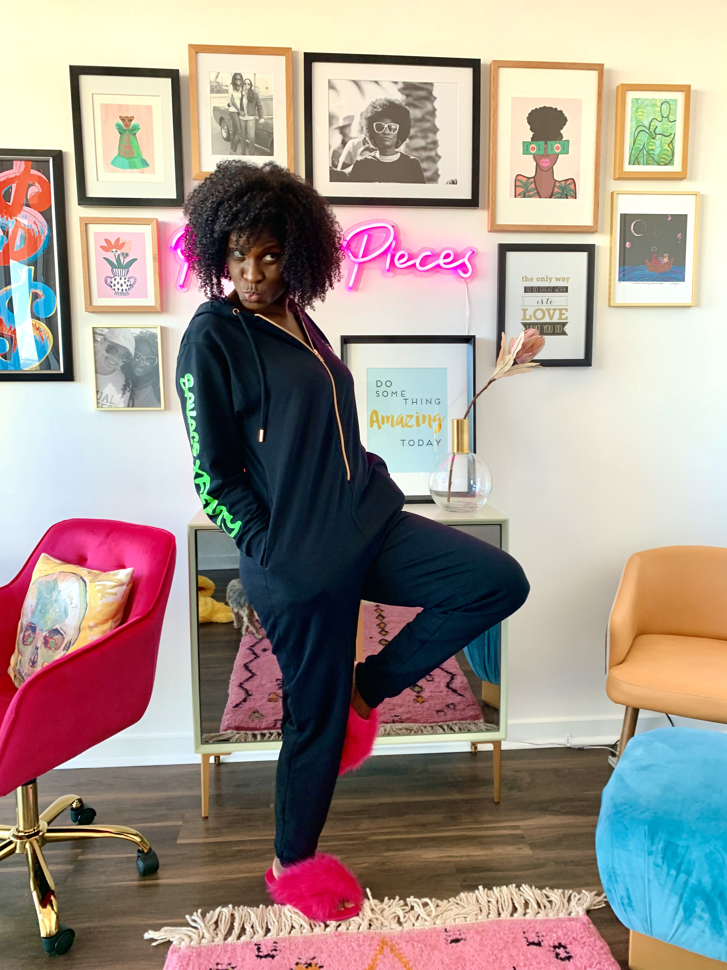 Puzzle Pieces Marketing Founder & President, Angel Mason Broadus featured wearing Savage X Fenty Onesie and slippers