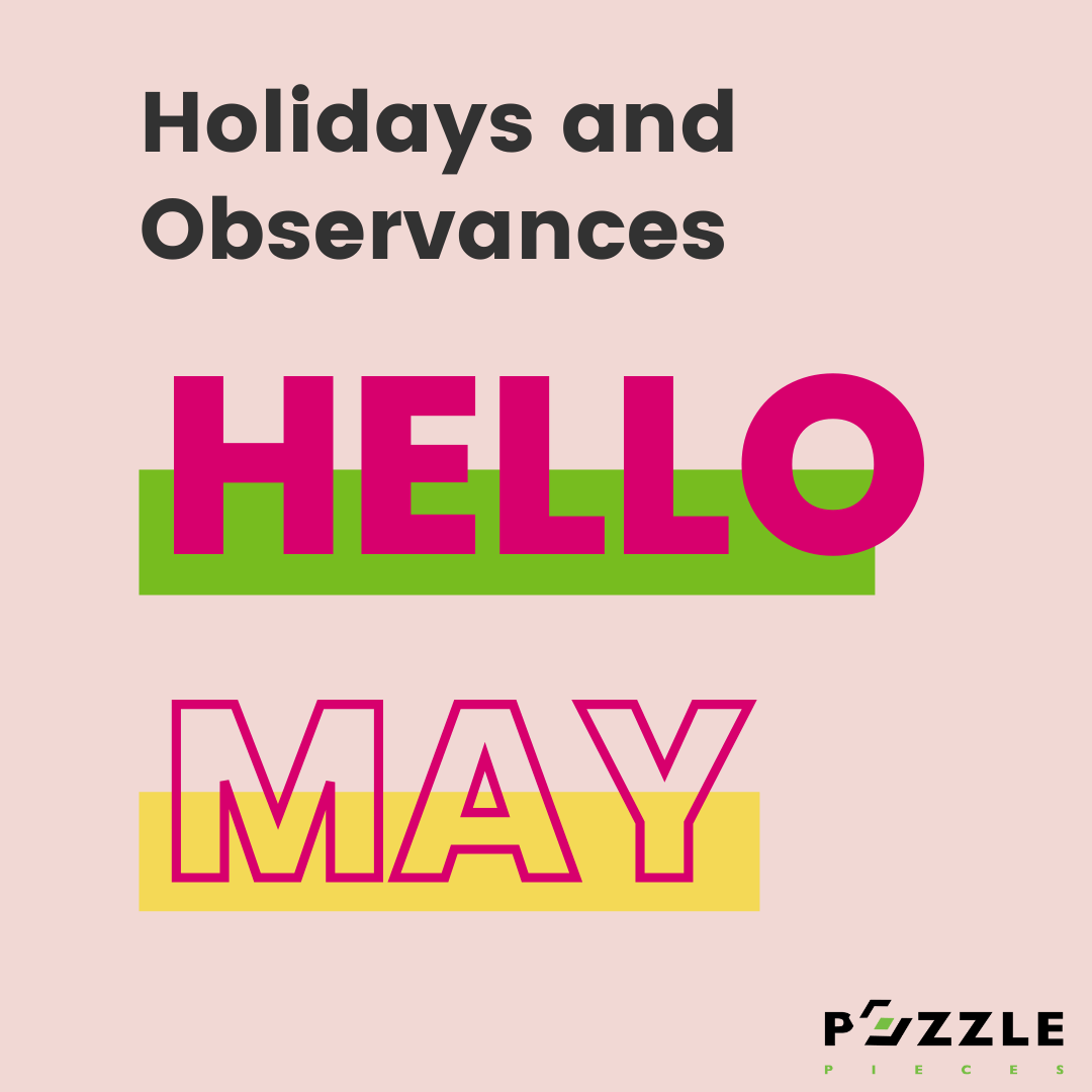'Holidays and Observances' in black on light pink background with 'HELLO' in hot pink and 'MAY' outlined in hot pink with Puzzle Pieces Marketing logo in bottom corner