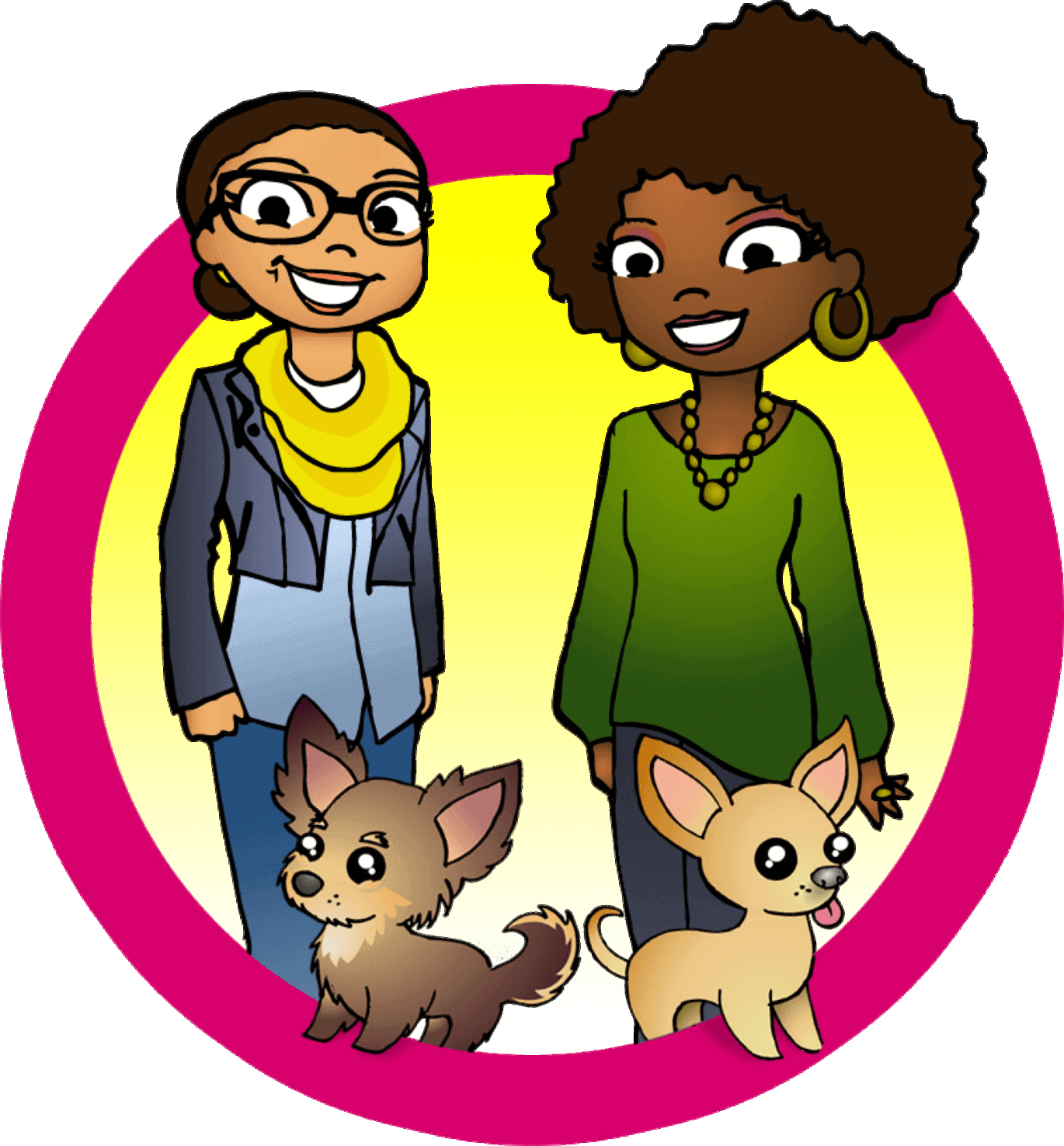 Puzzle Pieces Marketing President and Vice President Angel and Kristine Mason Broadus cartoons with dogs in pink circle png