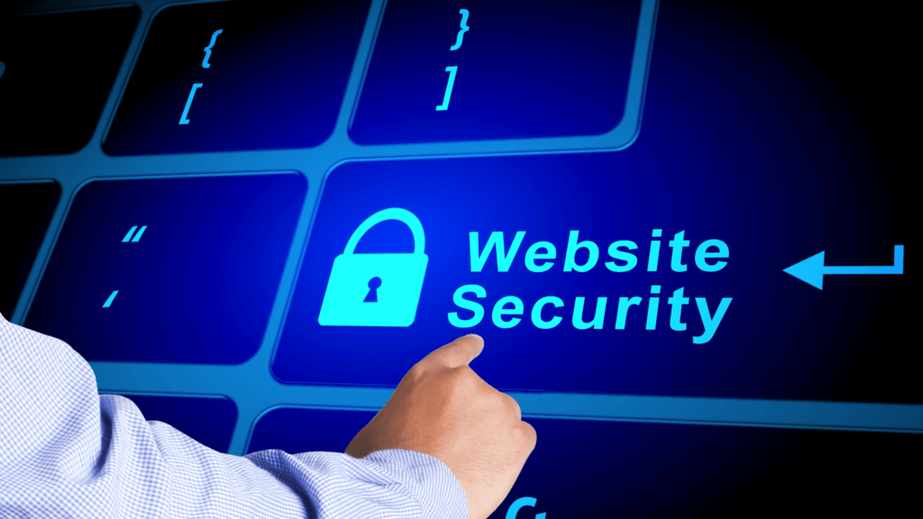 Man touching a big screen with a lock and website security written on screen. Why You Should Limit WordPress Admin Access to Your Website