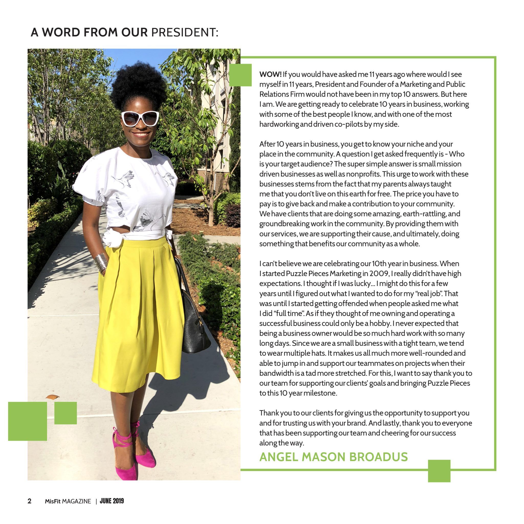 Puzzle Pieces Marketing magazine featuring President Angel Mason Broadus